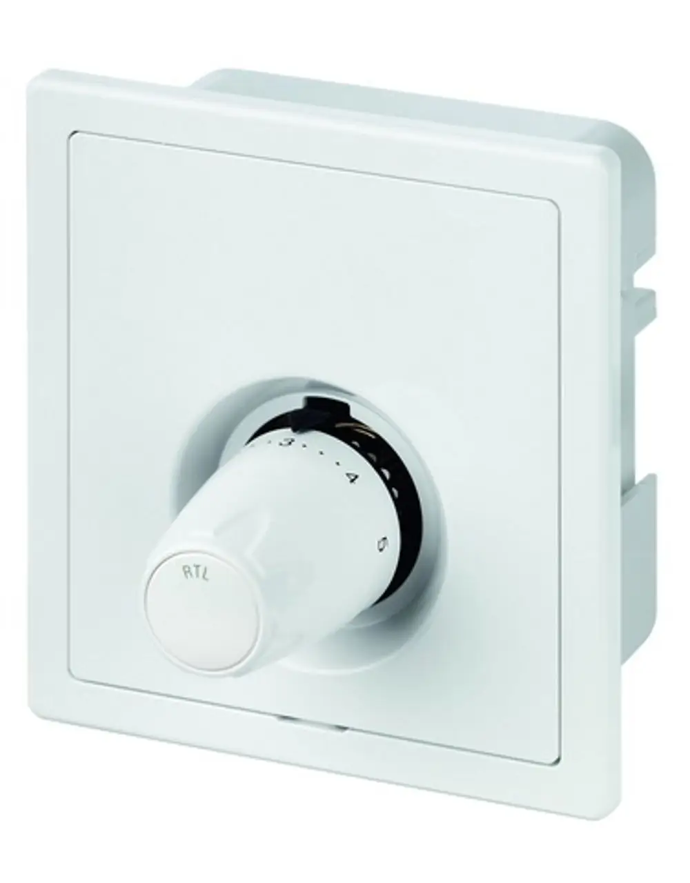Weißer UP-Kasten mit Drehregler, montiert in Wand, Teil eines Heizsystems von IMI Hydronic Engineering. Drehknopf zum Einstellen der Temperatur.